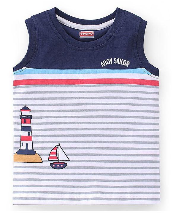 Babyhug Cotton Striped Sleeveless T-Shirt With Lighthouse & Boat Graphics - Navy & White