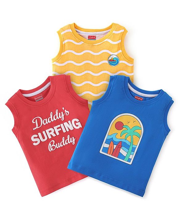 Babyhug Cotton Knit Sleeveless Surfing Beach Print T-Shirts Pack of 3 - Red Blue & Yellow