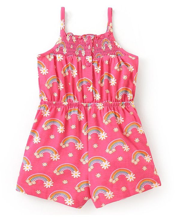 Babyhug Single Jersey Knit Sleeveless Jumpsuit Rainbow Print- Pink