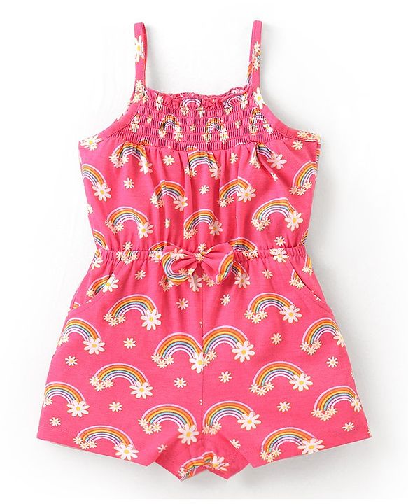 Babyhug Single Jersey Knit Sleeveless Jumpsuit Rainbow Print- Pink
