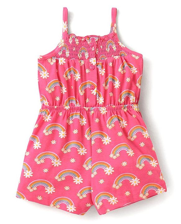 Babyhug Single Jersey Knit Sleeveless Jumpsuit Rainbow Print- Pink