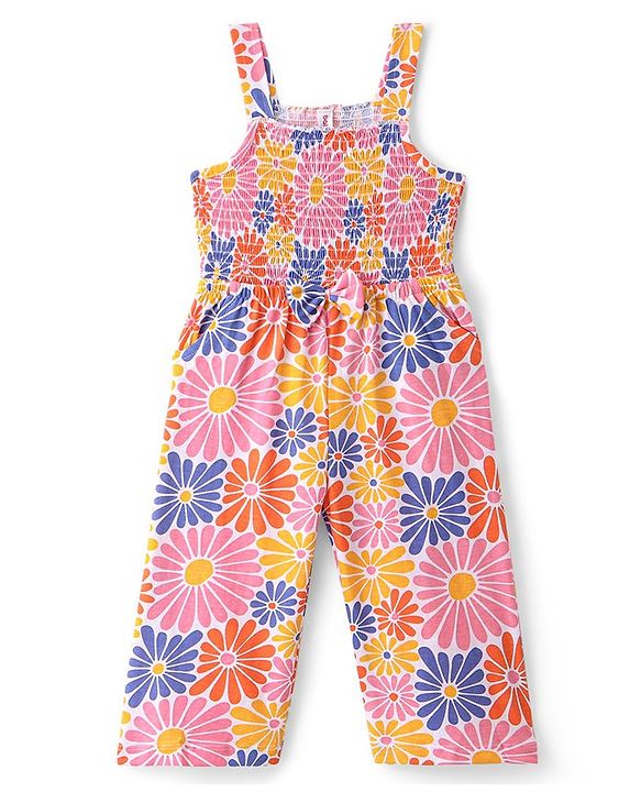 Babyhug Single Jersey Knit Sleeveless Jumpsuit With Floral Print & Bow Applique - Orange Pink & Purple