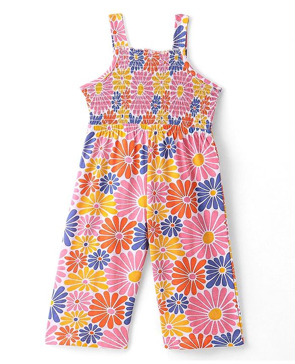 Babyhug Single Jersey Knit Sleeveless Jumpsuit With Floral Print & Bow Applique - Orange Pink & Purple