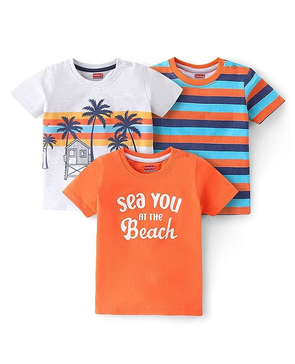Babyhug 100% Cotton Knit Half Sleeves T-Shirts with Graphics Pack of 3 - Multicolor