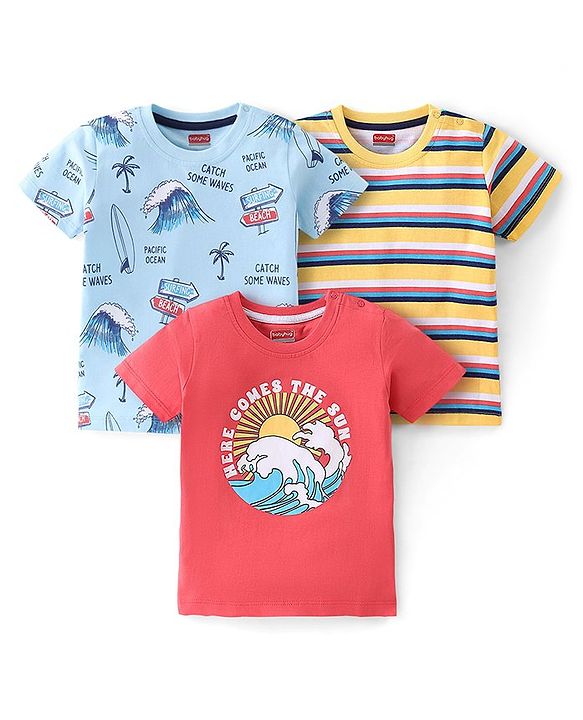 Babyhug 100% Cotton Knit Half Sleeves T-Shirts with Graphics Print Pack of 3 - Multicolor