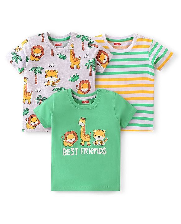 Babyhug 100% Cotton Knit Half Sleeves T-Shirts With Wild Animals Graphics Pack Of 3 - Green & Grey