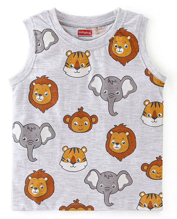 Babyhug Cotton Knit Sleeveless Stripes & Lion Print T-Shirts Pack of 3 - Red Grey & Yellow