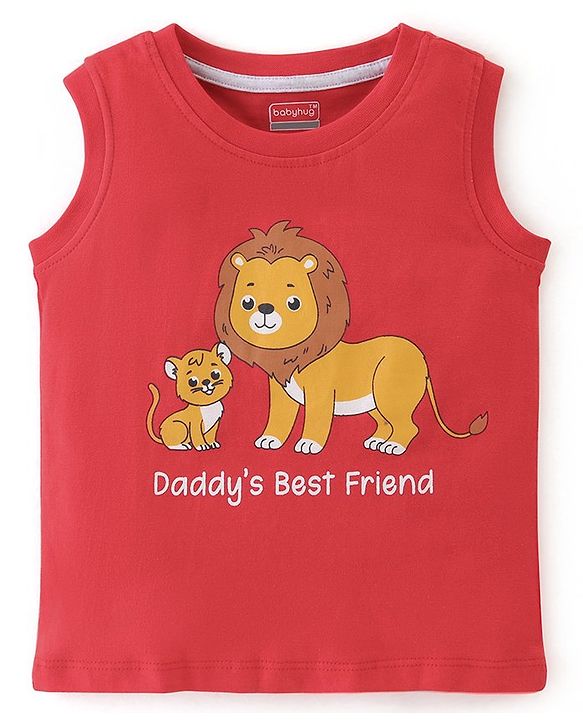 Babyhug Cotton Knit Sleeveless Stripes & Lion Print T-Shirts Pack of 3 - Red Grey & Yellow