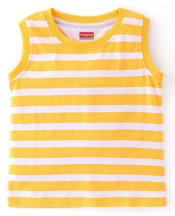 Babyhug Cotton Knit Sleeveless Stripes & Lion Print T-Shirts Pack of 3 - Red Grey & Yellow