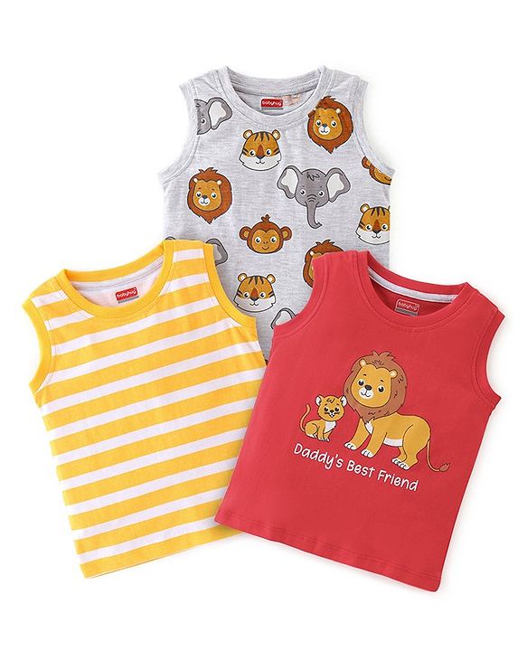 Babyhug Cotton Knit Sleeveless Stripes & Lion Print T-Shirts Pack of 3 - Red Grey & Yellow
