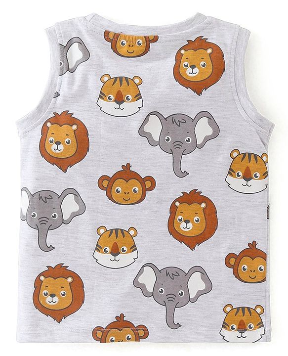 Babyhug Cotton Knit Sleeveless Stripes & Lion Print T-Shirts Pack of 3 - Red Grey & Yellow