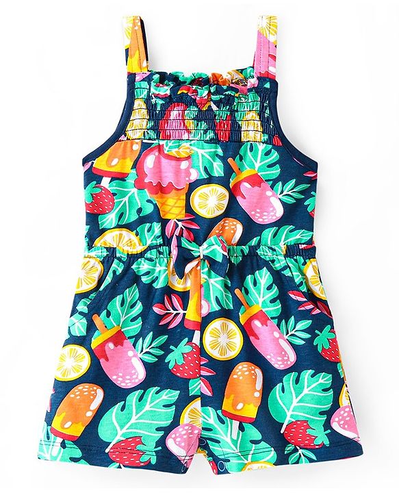 Babyhug Single Jersey Knit Sleeveless Jumpsuit with Ice Cream & Leaves Print Bow & Smocking Detailing - Navy Blue