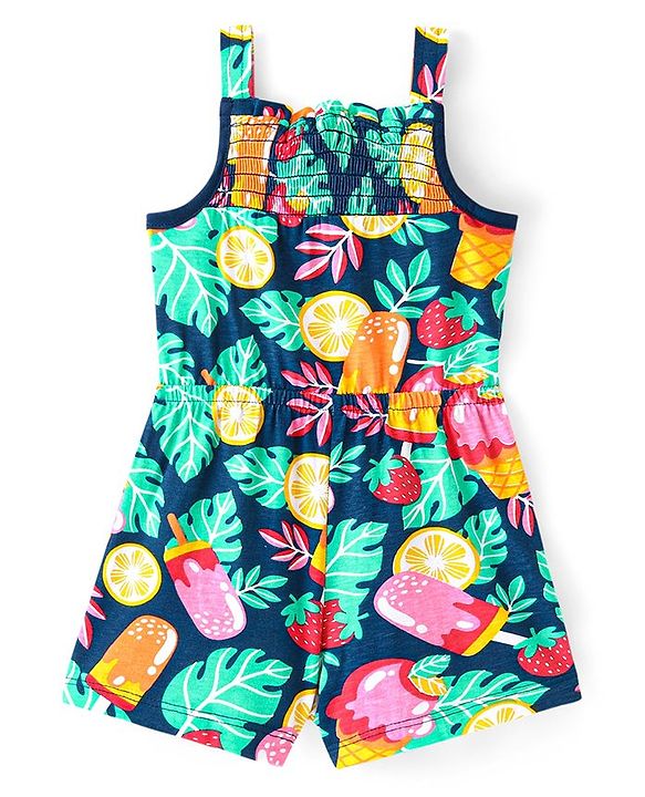 Babyhug Single Jersey Knit Sleeveless Jumpsuit with Ice Cream & Leaves Print Bow & Smocking Detailing - Navy Blue