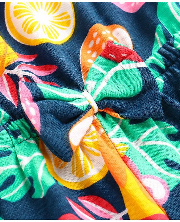 Babyhug Single Jersey Knit Sleeveless Jumpsuit with Ice Cream & Leaves Print Bow & Smocking Detailing - Navy Blue