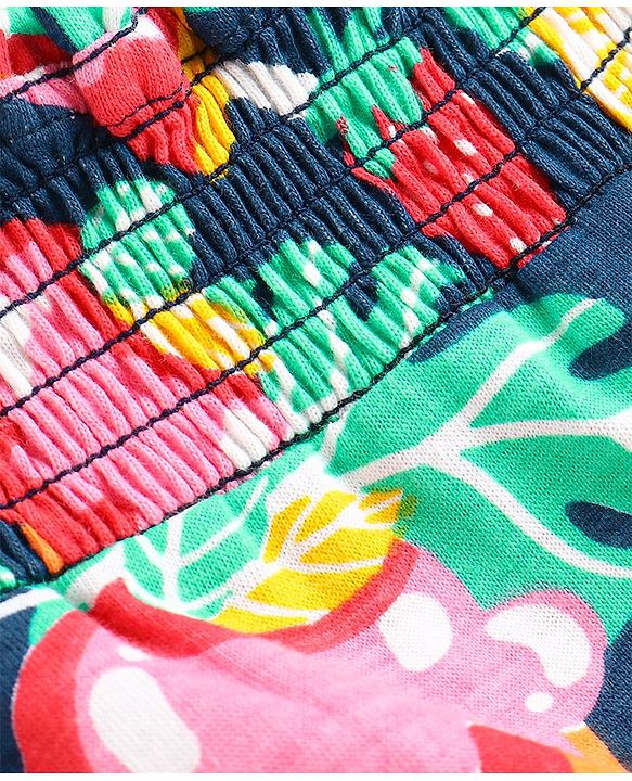 Babyhug Single Jersey Knit Sleeveless Jumpsuit with Ice Cream & Leaves Print Bow & Smocking Detailing - Navy Blue