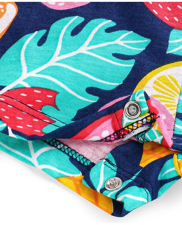 Babyhug Single Jersey Knit Sleeveless Jumpsuit with Ice Cream & Leaves Print Bow & Smocking Detailing - Navy Blue