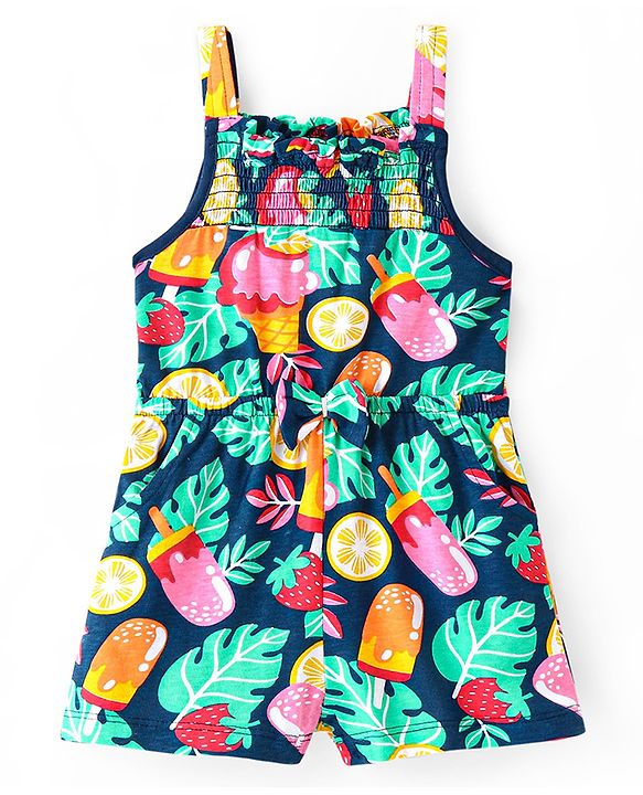 Babyhug Single Jersey Knit Sleeveless Jumpsuit with Ice Cream & Leaves Print Bow & Smocking Detailing - Navy Blue