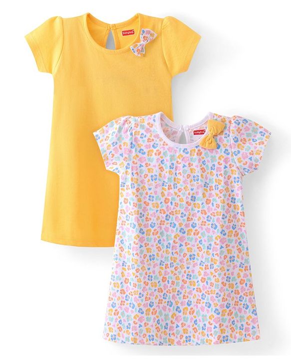 Babyhug Single Jersey Knit Half Sleeves Frocks with Floral Print Bow Applique Pack of 2 - Multicolour