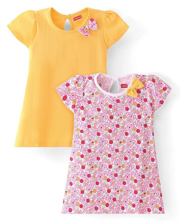 Babyhug Single Jersey Knit Half Sleeves Frocks with Floral Print with Bow Applique Pack of 2 - Multicolour