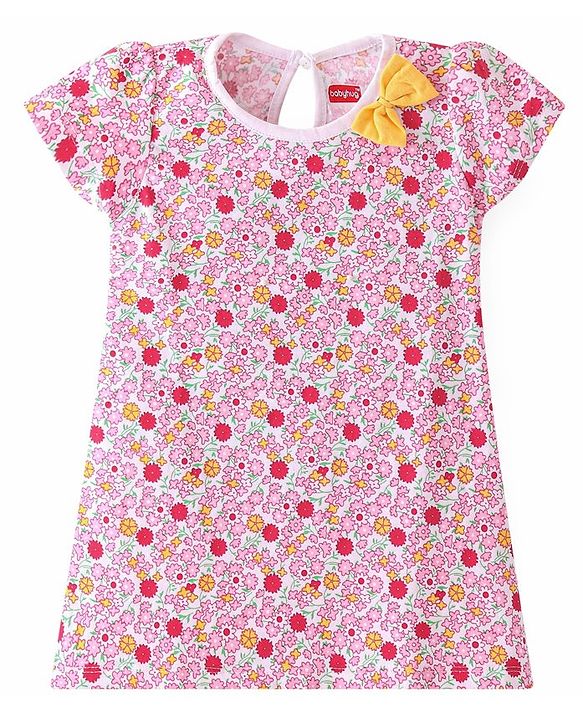 Babyhug Single Jersey Knit Half Sleeves Frocks with Floral Print with Bow Applique Pack of 2 - Multicolour