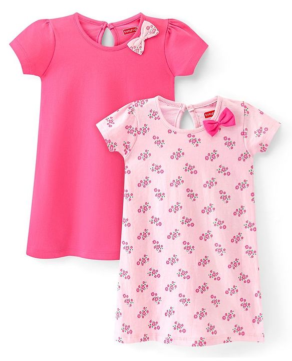 Babyhug 100% Cotton Knit Half Sleeves Frock Floral Print Pack of 2 - Multicolor