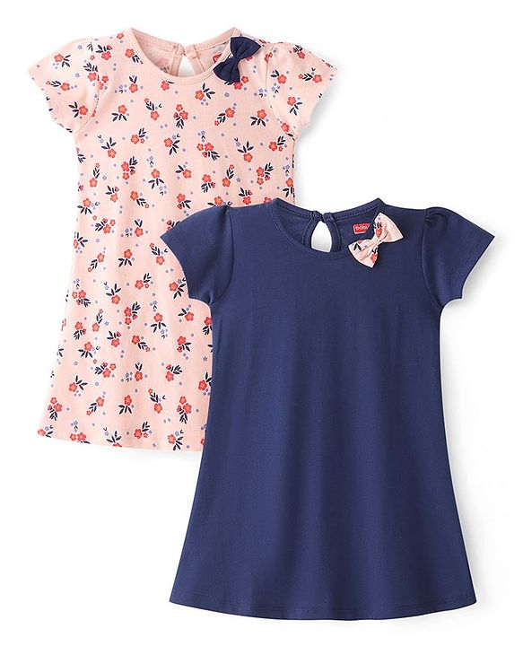 Babyhug Half Sleeves Frocks with Bow Floral Print Pack of 2 - Peach & Blue