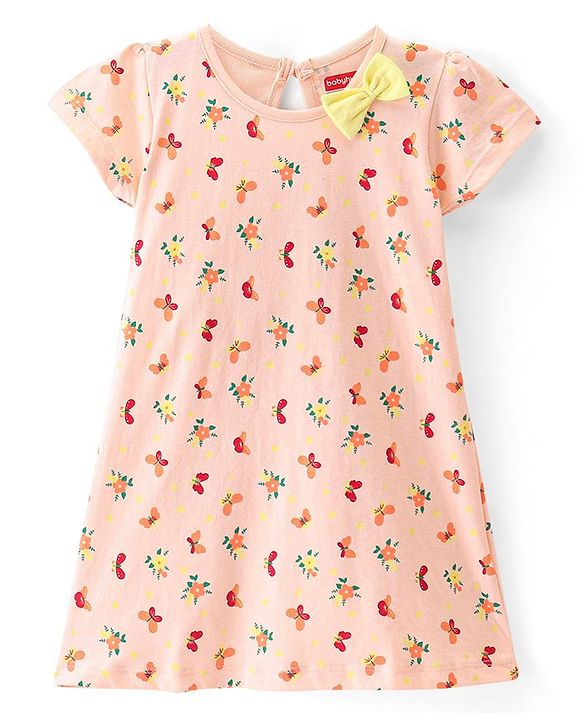 Babyhug 100% Cotton Knit Half Sleeves Solid Colour & Floral Printed Frock With Bow Pack of 2 - Multicolour