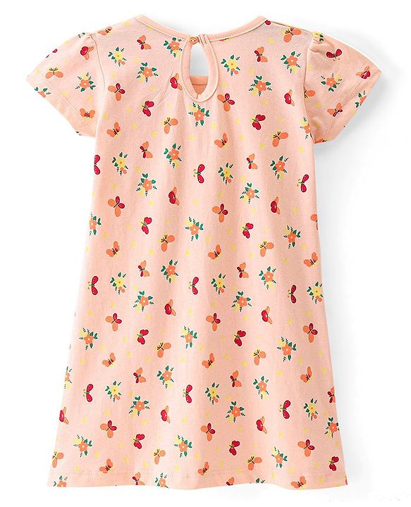 Babyhug 100% Cotton Knit Half Sleeves Solid Colour & Floral Printed Frock With Bow Pack of 2 - Multicolour