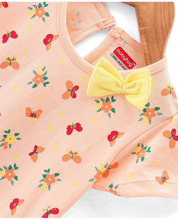 Babyhug 100% Cotton Knit Half Sleeves Solid Colour & Floral Printed Frock With Bow Pack of 2 - Multicolour