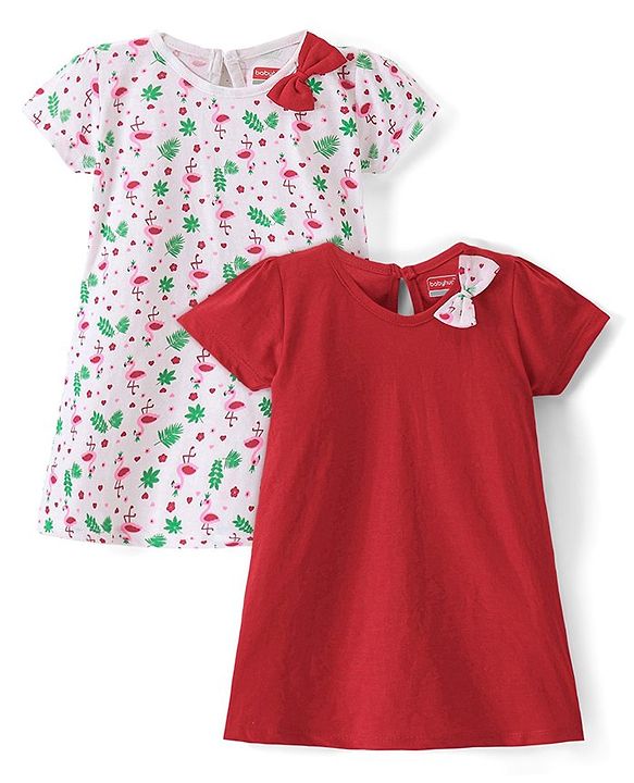 Babyhug Single Jersey Knit Half Sleeves Frock Flamingo Print Pack of 2 - Red & White