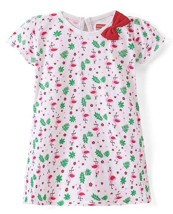 Babyhug Single Jersey Knit Half Sleeves Frock Flamingo Print Pack of 2 - Red & White