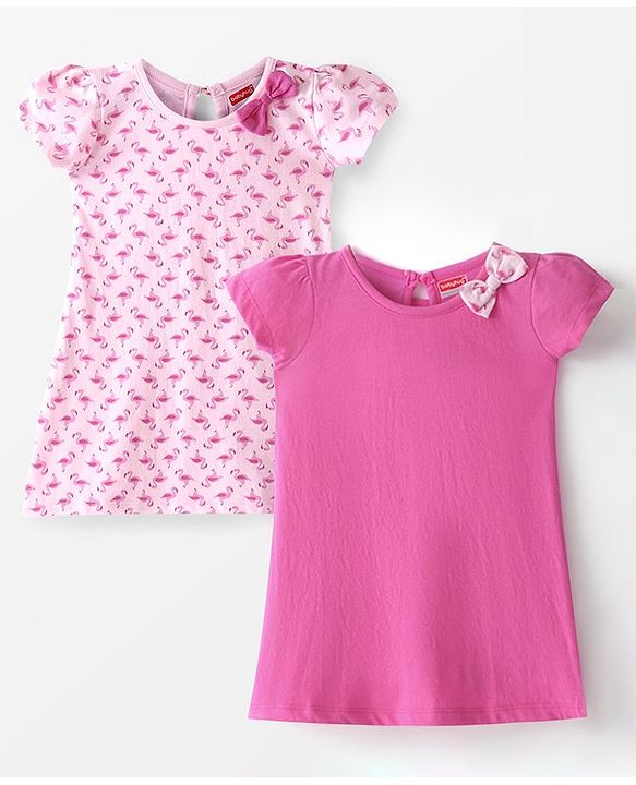 Babyhug Single Jersey Knit Half Sleeves Frock With Solid Color & Flamingo Print Pack of 2 - Peach & Pink