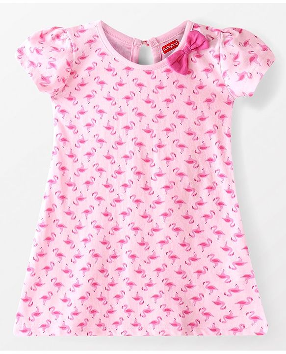 Babyhug Single Jersey Knit Half Sleeves Frock With Solid Color & Flamingo Print Pack of 2 - Peach & Pink