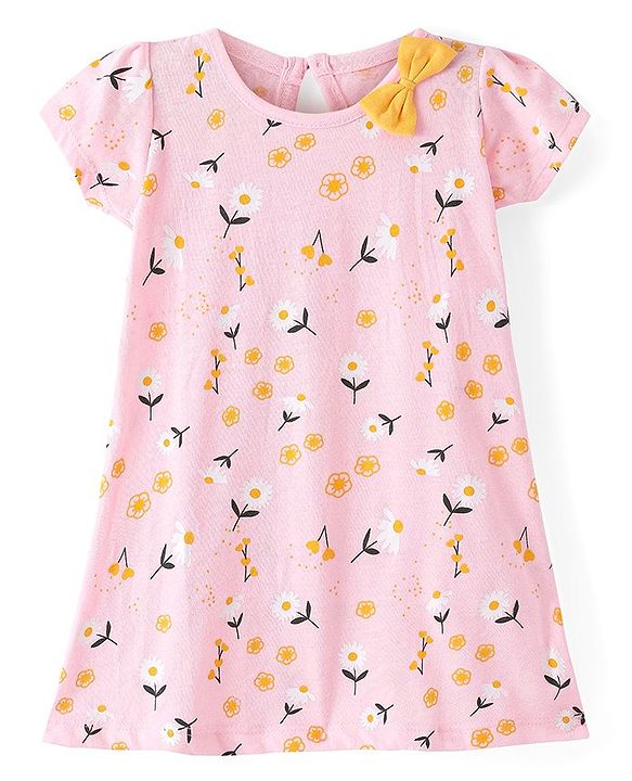 Babyhug 100% Cotton Knit Single Jersey Half Sleeves Frocks With Bow Applique & Floral Print Pack Of 2 - Multicolor