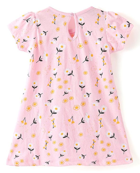 Babyhug 100% Cotton Knit Single Jersey Half Sleeves Frocks With Bow Applique & Floral Print Pack Of 2 - Multicolor