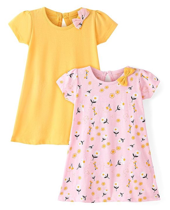 Babyhug 100% Cotton Knit Single Jersey Half Sleeves Frocks With Bow Applique & Floral Print Pack Of 2 - Multicolor