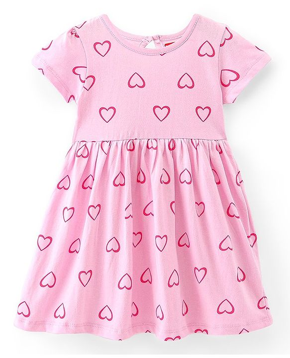Babyhug 100% Cotton Knit Half Sleeves Frock With Heart Print & Bloomer - Pink