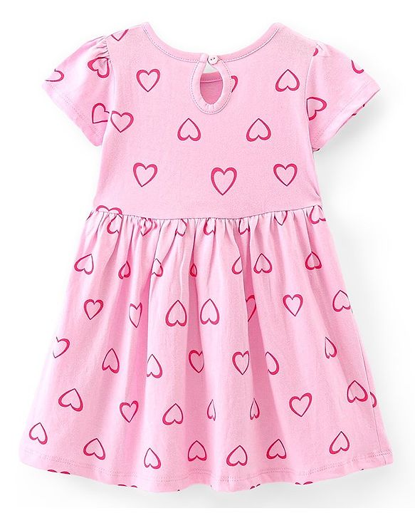 Babyhug 100% Cotton Knit Half Sleeves Frock With Heart Print & Bloomer - Pink