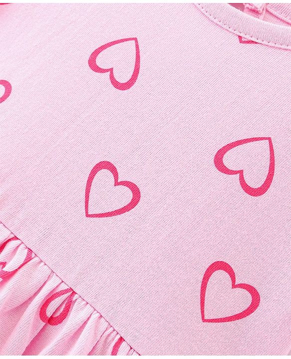 Babyhug 100% Cotton Knit Half Sleeves Frock With Heart Print & Bloomer - Pink