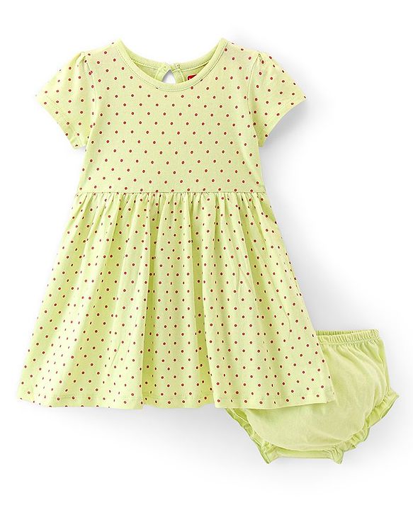 Babyhug Single Jersey 100% Cotton Knit Half Sleeves Frock & Bloomer With Polka Dot Print - Green
