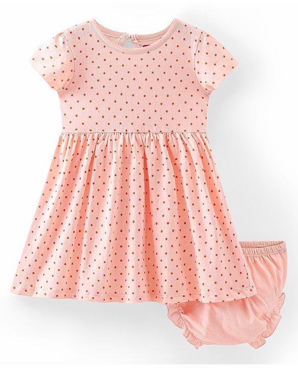 Babyhug Single Jersey Knit Cap Sleeves Polka Dots Printed Frock with Bloomer - Peach