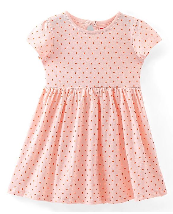 Babyhug Single Jersey Knit Cap Sleeves Polka Dots Printed Frock with Bloomer - Peach