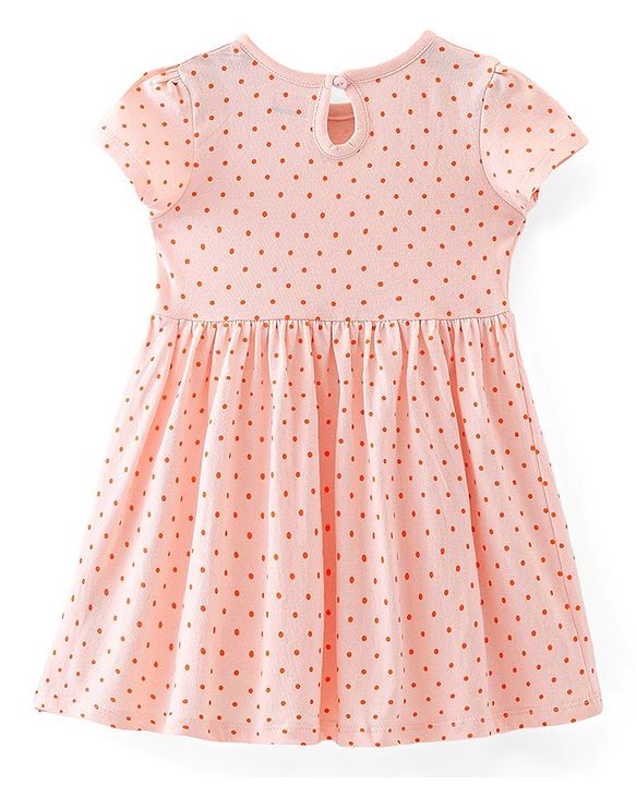 Babyhug Single Jersey Knit Cap Sleeves Polka Dots Printed Frock with Bloomer - Peach