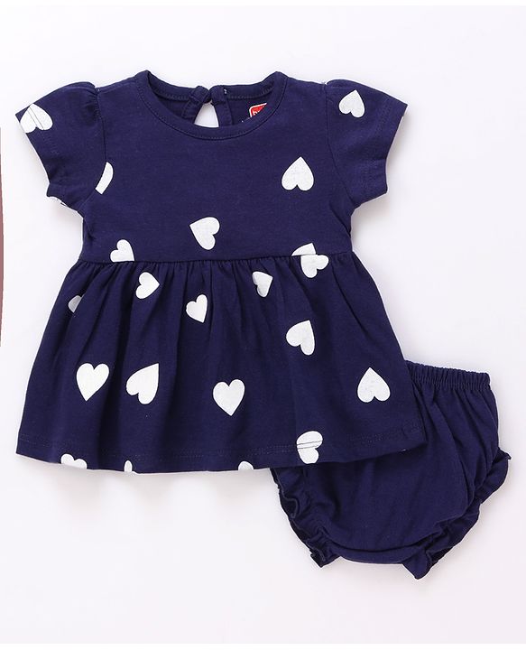 Babyhug Single Jersey Knit Half Sleeves Heart Printed Frock with Bloomer - Navy Blue