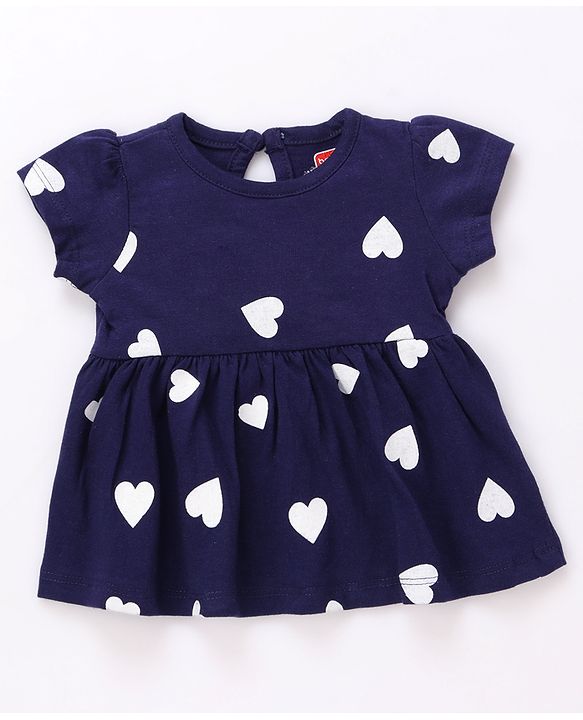 Babyhug Single Jersey Knit Half Sleeves Heart Printed Frock with Bloomer - Navy Blue