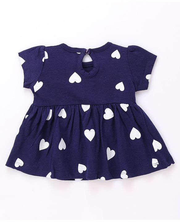 Babyhug Single Jersey Knit Half Sleeves Heart Printed Frock with Bloomer - Navy Blue