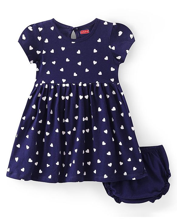 Babyhug Single Jersey Knit Half Sleeves Heart Printed Frock with Bloomer - Navy Blue