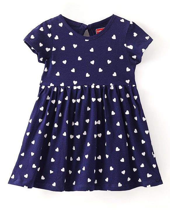 Babyhug Single Jersey Knit Half Sleeves Heart Printed Frock with Bloomer - Navy Blue