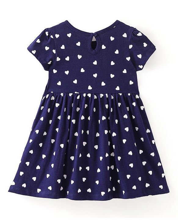 Babyhug Single Jersey Knit Half Sleeves Heart Printed Frock with Bloomer - Navy Blue