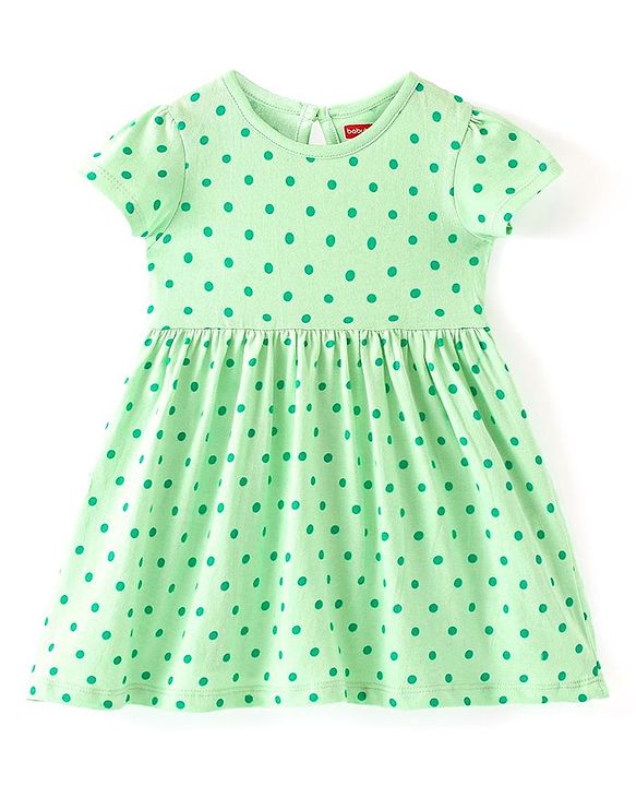 Babyhug Single Jersey Knit Half Sleeves Frock With Bloomer Polka Dot Print - Green